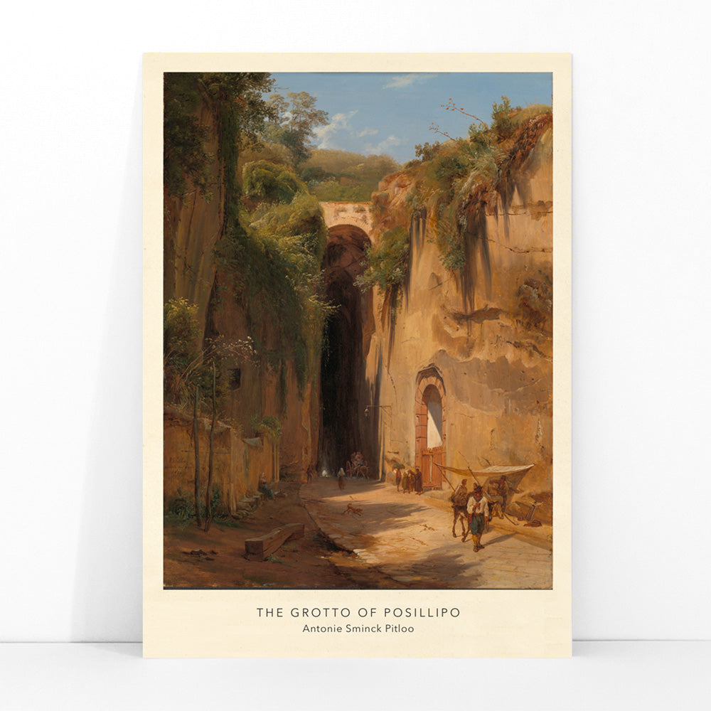 The Grotto of Posillipo by Antonie Sminck Pitloo scenic landscape with people animals stone archway cliffs and dramatic rocky tunnel entrance, framed and displayed in modern living room decor