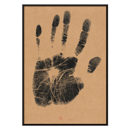 Black ink handprint artwork titled The Artists Left Hand by Henri Charles Guerard on beige background, with black aluminium frame on white background