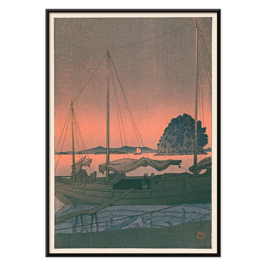 Ukiyo e Harbour Sunset by Kawase Hasui with boats docked at sunset tranquil evening sky island and mountains in background, with black aluminium frame on white background