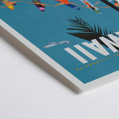 Closeup detail of Colorful travel poster Jet Clipper to Hawaii by Pan Am Airlines with palm trees surfers dancers on surfboards and airplane above palm leaves