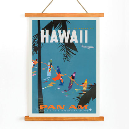 Colorful travel poster Jet Clipper to Hawaii by Pan Am Airlines with palm trees surfers dancers on surfboards and airplane above palm leaves, with wooden magnetic frame on white background