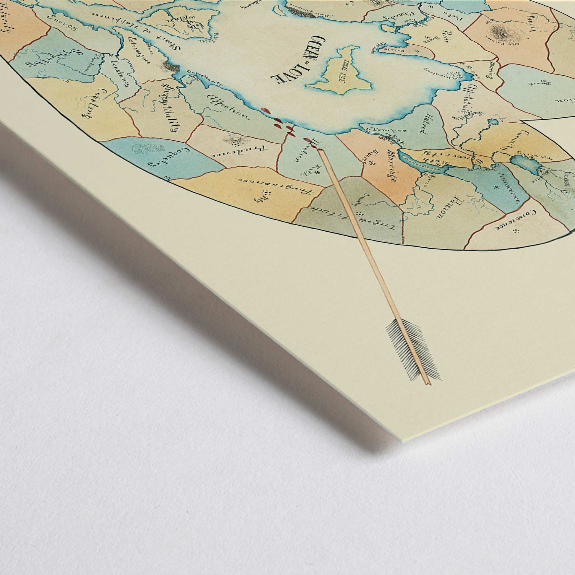Closeup detail of Joseph Husson Map of a Womans Heart 2 poster featuring a heart shaped map with an arrow, soft pastel blue and beige details, vintage style