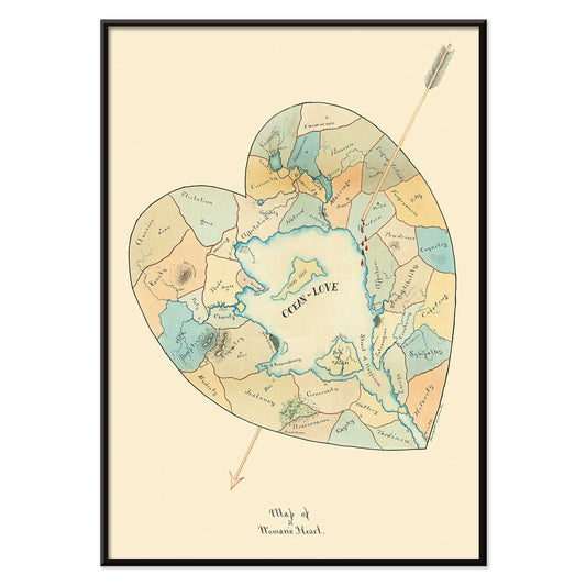 Joseph Husson Map of a Womans Heart 2 poster featuring a heart shaped map with an arrow, soft pastel blue and beige details, vintage style, with black aluminium frame on white background