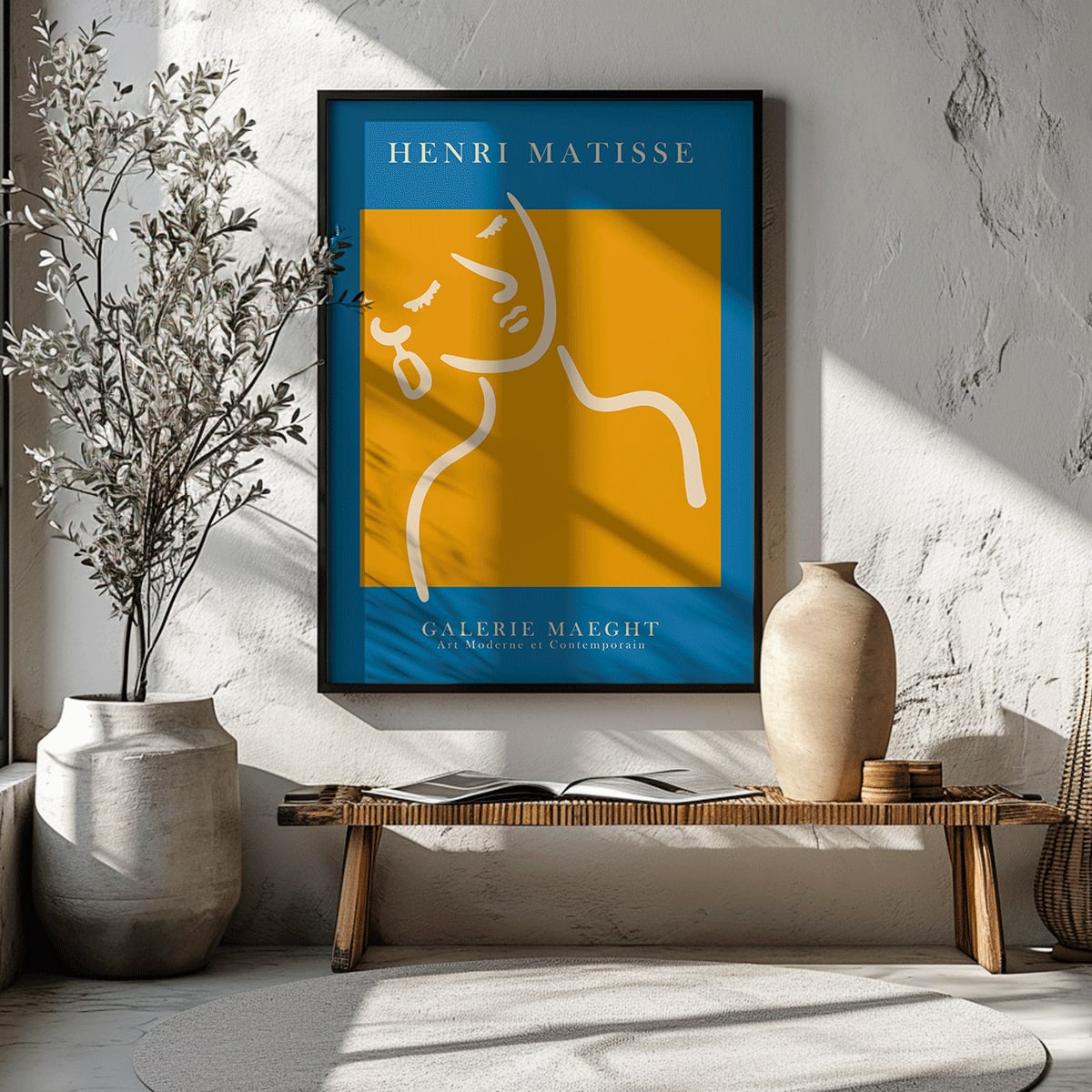 Henri Matisse poster of abstract girl with earring in orange and blue from Galerie Maeght artwork, framed and displayed in modern living room decor