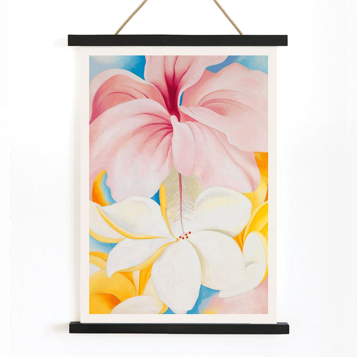 Hibiscus with Plumeria by Georgia O Keeffe vibrant pink and white flowers in a colorful composition poster, with wooden magnetic frame on white background