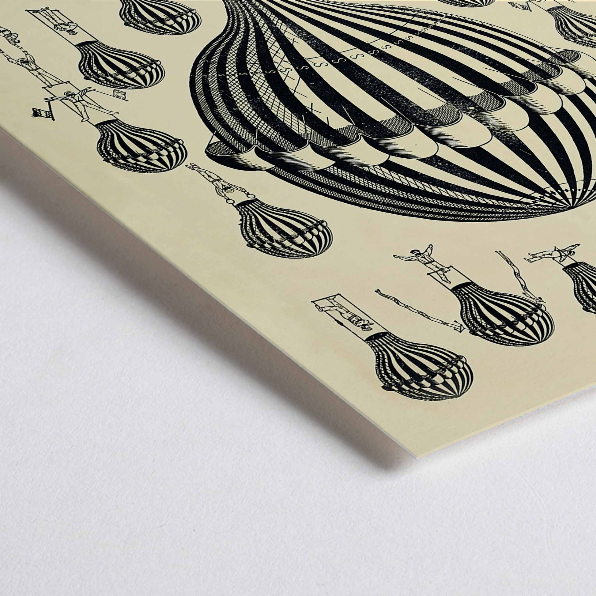 Closeup detail of Henry La Vaulx Hot Air Balloon Study vintage scientific balloon chart with black and white striped balloons poster