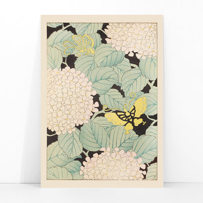 Yellow butterflies and white hydrangea flowers with green leaves in Japanese art style artwork Bijutsukai Pl 169 by Korin Furuya, framed and displayed in modern living room decor