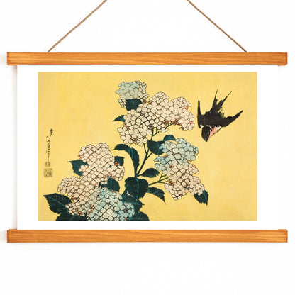 Swallow bird flying near blooming hydrangea flowers artwork by Katsushika Hokusai titled Hydrangea and Swallow on yellow background, with wooden magnetic frame on white background