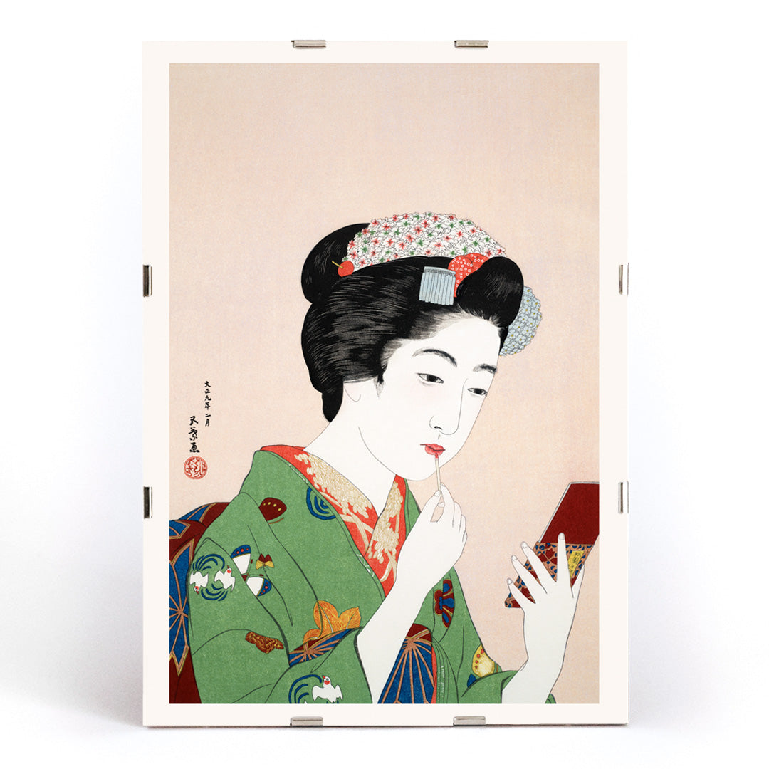 High resolution fine art poster of Japanese woman in kimono applying makeup by Goyo Hashiguchi Woman Applying Rouge, framed and displayed in modern living room decor