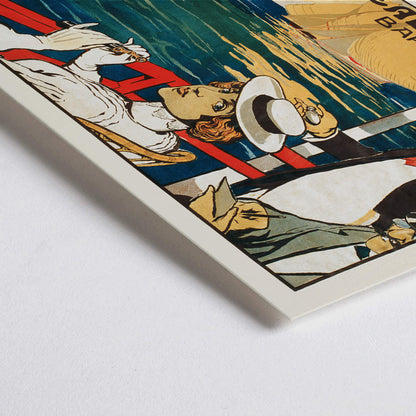 Closeup detail of Sailing scene and poster for Real Club de Barcelona by Joan Llaverias featuring elegantly dressed figures and people in maritime attire with sailboats in the background