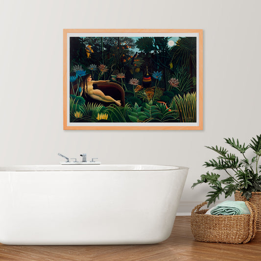 The Dream by Henri Rousseau poster featuring a nude woman reclining on a sofa in a lush jungle with vibrant plants and exotic animals, framed and displayed in home decor