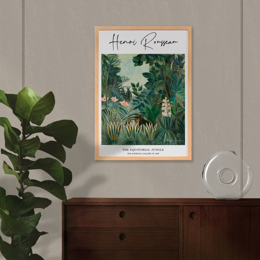 Lush green rainforest with exotic plants flowers and hidden animals inspired by The Equatorial Jungle painting by Henri Rousseau, framed and displayed in home decor
