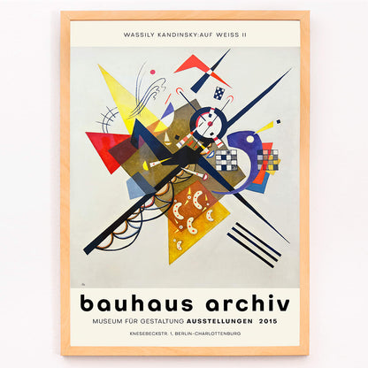 Abstract artwork Auf Weiss II by Wassily Kandinsky with geometric shapes and vibrant colors displayed at Bauhaus exhibition and featured on Bauhaus Archiv poster for Gestalt exhibition at Berlin museum, framed and displayed in modern living room decor