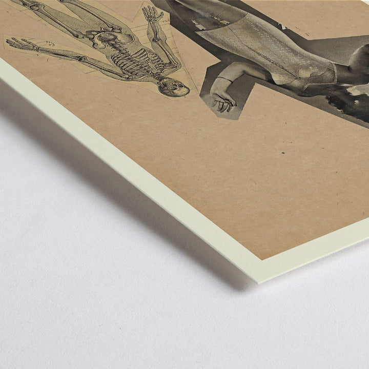 Closeup detail of Collage and poster of a woman and skeleton Girl and Death artwork by Karl Wiener featuring a woman in a corset and skeleton illustration on a beige background