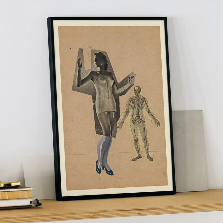 Collage and poster of a woman and skeleton Girl and Death artwork by Karl Wiener featuring a woman in a corset and skeleton illustration on a beige background, framed and displayed in home decor