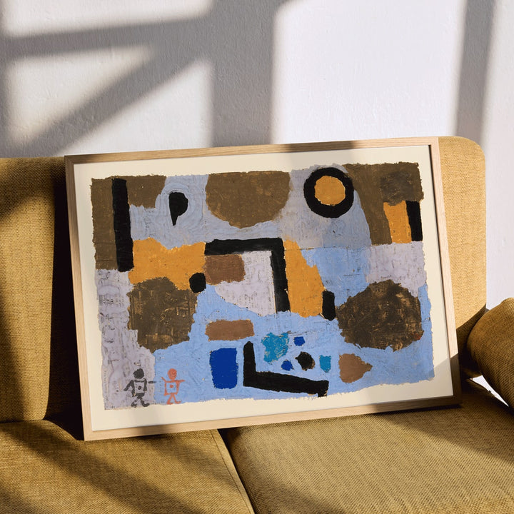 Abstract geometric art in blue and brown earthy tones by Paul Klee titled With the Two Lost Ones poster, framed and displayed in modern living room decor