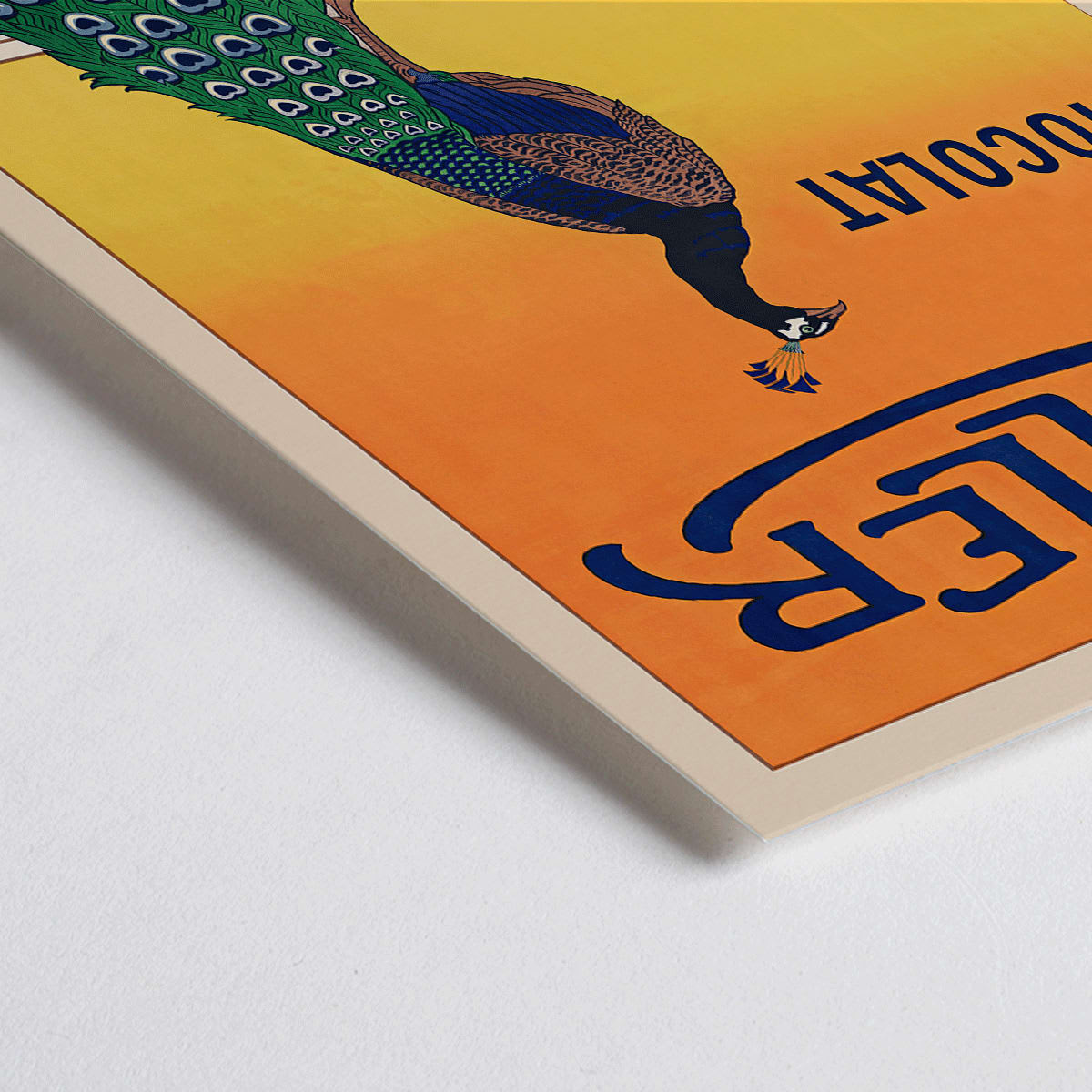 Closeup detail of Kohler Chocolat art nouveau poster by F Champenois with vibrant peacock on pedestal against orange background