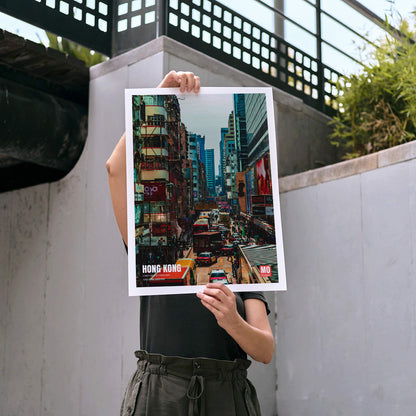 Bustling city street scene in Kowloon Hong Kong poster by Mo Art Gallery, framed and displayed in modern living room decor