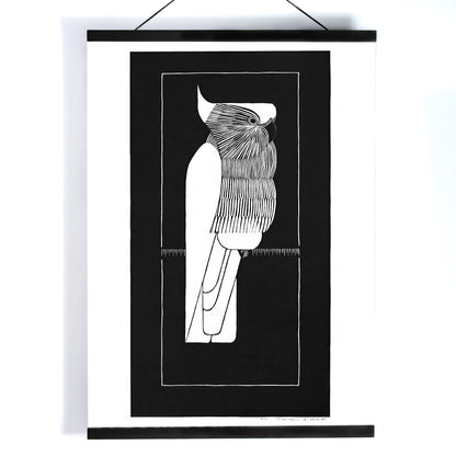 Black and white sulphur crested cockatoo fine art print and stylized poster by Samuel Jessurun de Mesquita, with wooden magnetic frame on white background