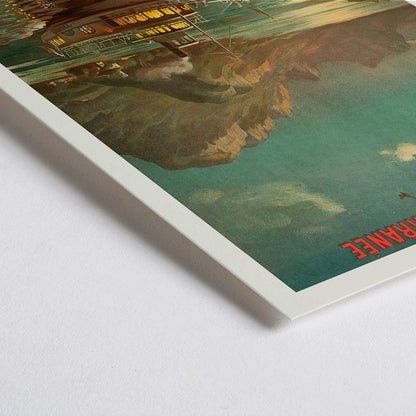 Closeup detail of Poster of Lac d Annecy by Francois Charles Cachoud showing a boat on a serene lake with mountains and a glowing evening sky