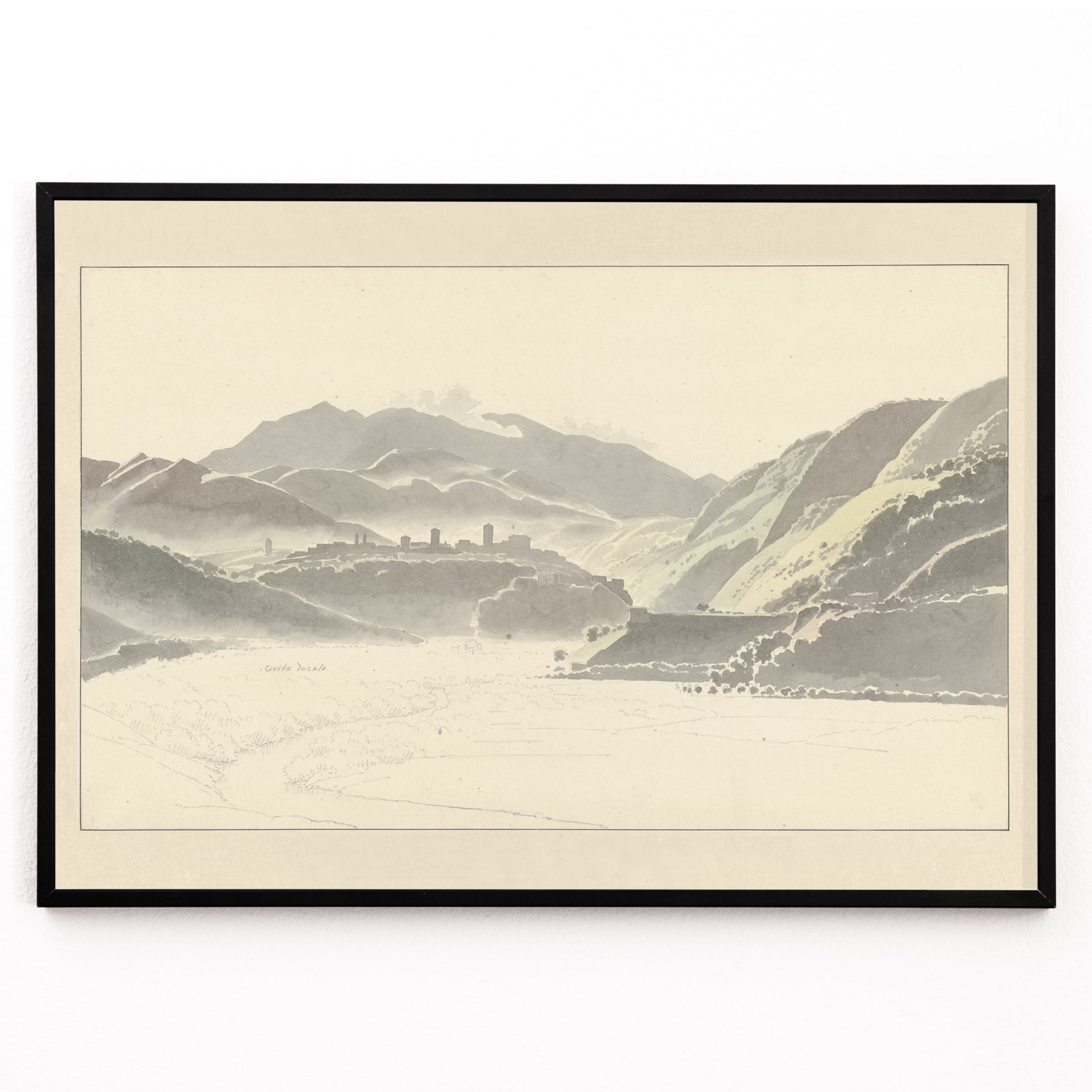 Closeup detail of Landscape of Cittaducale with hills mountains and distant town by Josephus Augustus Knip poster titled View of Cittaducale