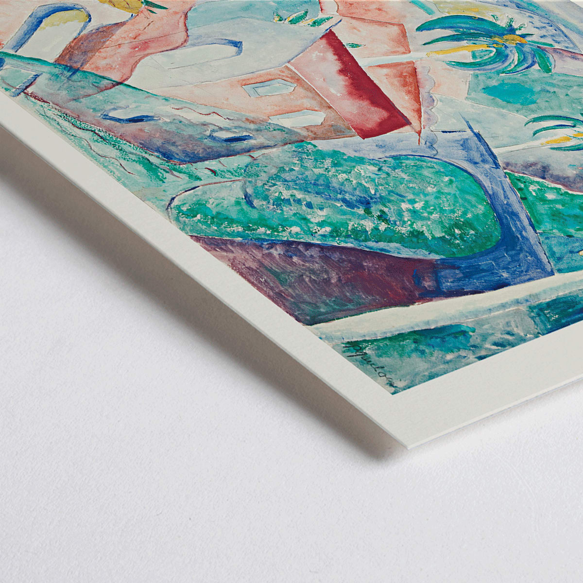 Closeup detail of Colorful abstract Cuban landscape painting by Paul Gaulois featuring palm trees and vibrant houses in a tropical scenic setting poster