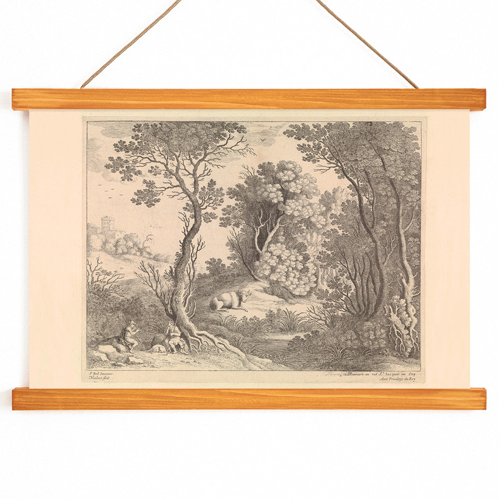 Mercury playing the flute in a detailed forest landscape with trees animals and natural scenery by Willem van Nieulandt poster, with wooden magnetic frame on white background