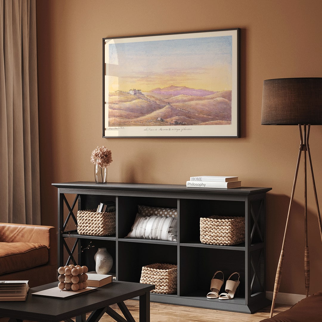 La Fuen de Munia and Village of Cortes by Charles Hamilton Smith scenic landscape poster with hills and distant village, framed and displayed in home decor