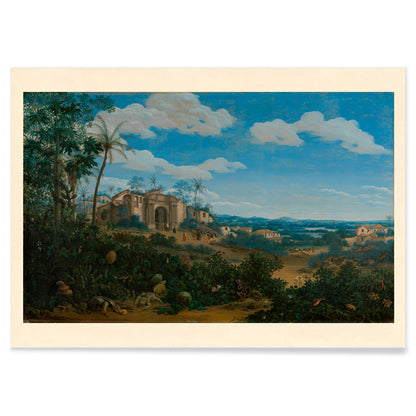 Poster of lush landscape and historic colonial buildings in View of Olinda Brazil by Frans Jansz Post, with black aluminium frame on white background