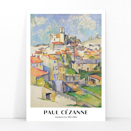 Colorful village landscape painting and poster of Gardanne by Paul Cézanne featuring red roofed houses and bright sky, framed and displayed in modern living room decor