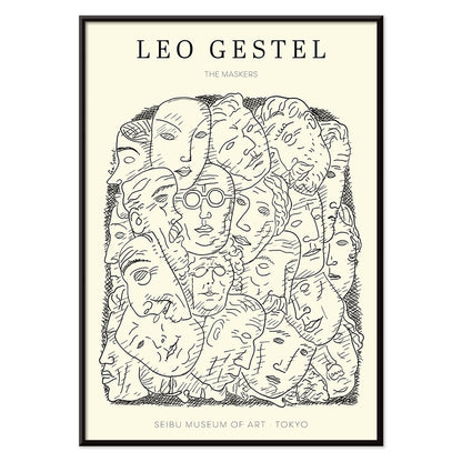 Leo Gestel Maskers artwork and poster featuring abstract faces and post-impressionist style exhibited at Seibu Museum of Art Tokyo, with black aluminium frame on white background