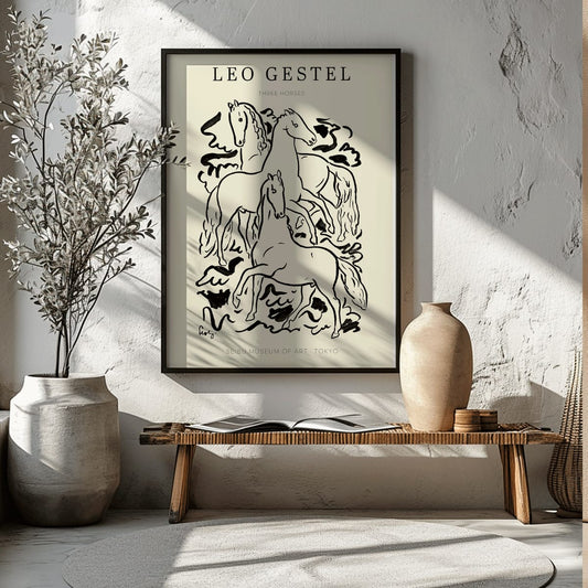 Three Horses by Leo Gestel black and white illustration of three horses in dynamic poses poster, framed and displayed in home decor
