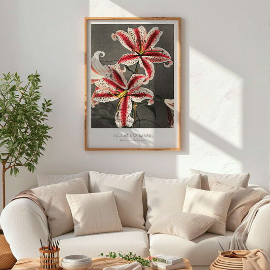 Hand colored collotype of lily flowers by Kazumasa Ogawa from Some Japanese Flowers poster, framed and displayed in home decor