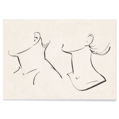 Minimalist ink drawing and line art poster of man and woman necks by Hans Borrebach, with black aluminium frame on white background