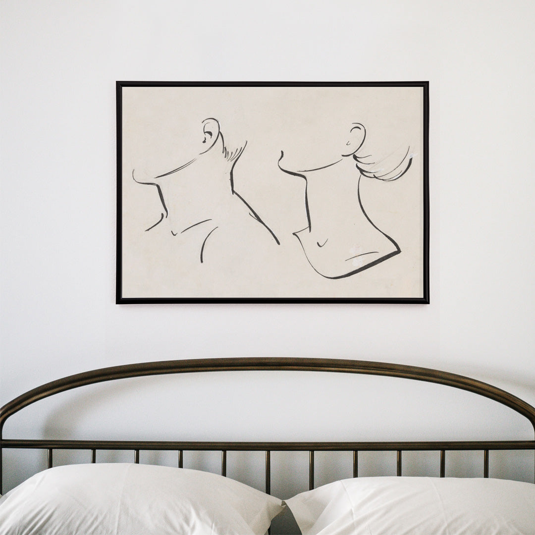 Minimalist ink drawing and line art poster of man and woman necks by Hans Borrebach, framed and displayed in home decor