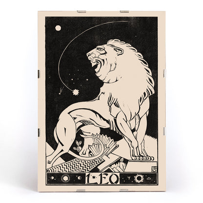 Art deco poster of a stylized roaring lion representing Leo zodiac sign by Henri van der Stok in black and white, framed and displayed in modern living room decor
