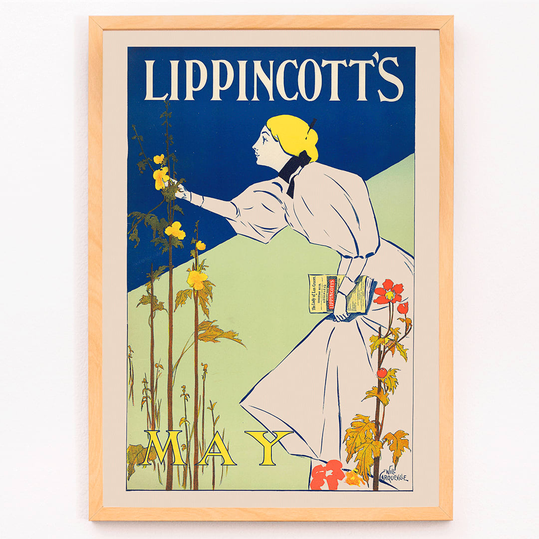 Woman in white dress picking flowers holding a book for Lippincotts May by William Carqueville illustration and poster, framed and displayed in modern living room decor