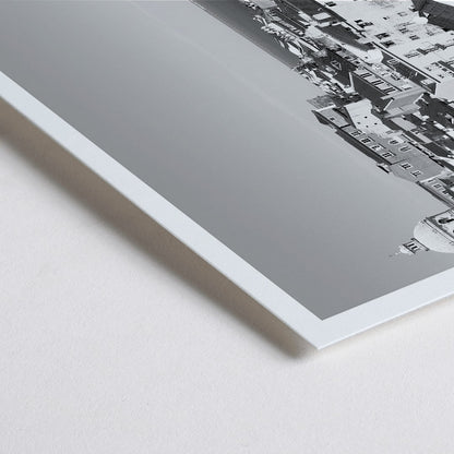 Closeup detail of Black and white landscape of Lisbon Old City with historic architecture rooftops and distant sea view poster by Picture 2