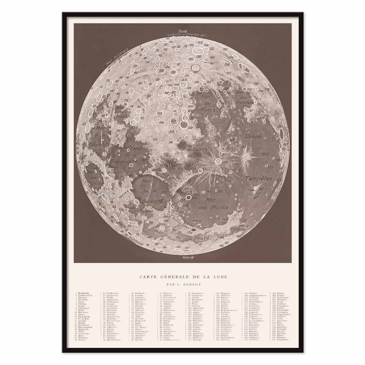Lucien Rudaux General Map of the Moon poster with labeled lunar globe and craters in vintage monochrome scientific style, with black aluminium frame on white background
