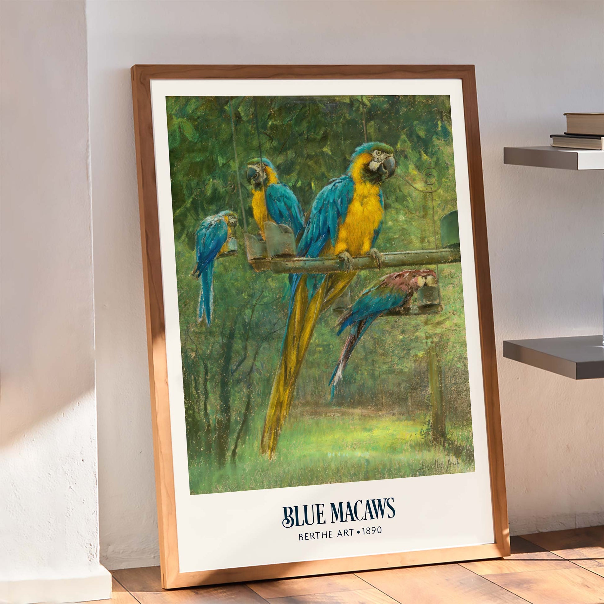 Colorful blue and yellow macaws perched in a lush green forest poster by Berthe Art, framed and displayed in home decor