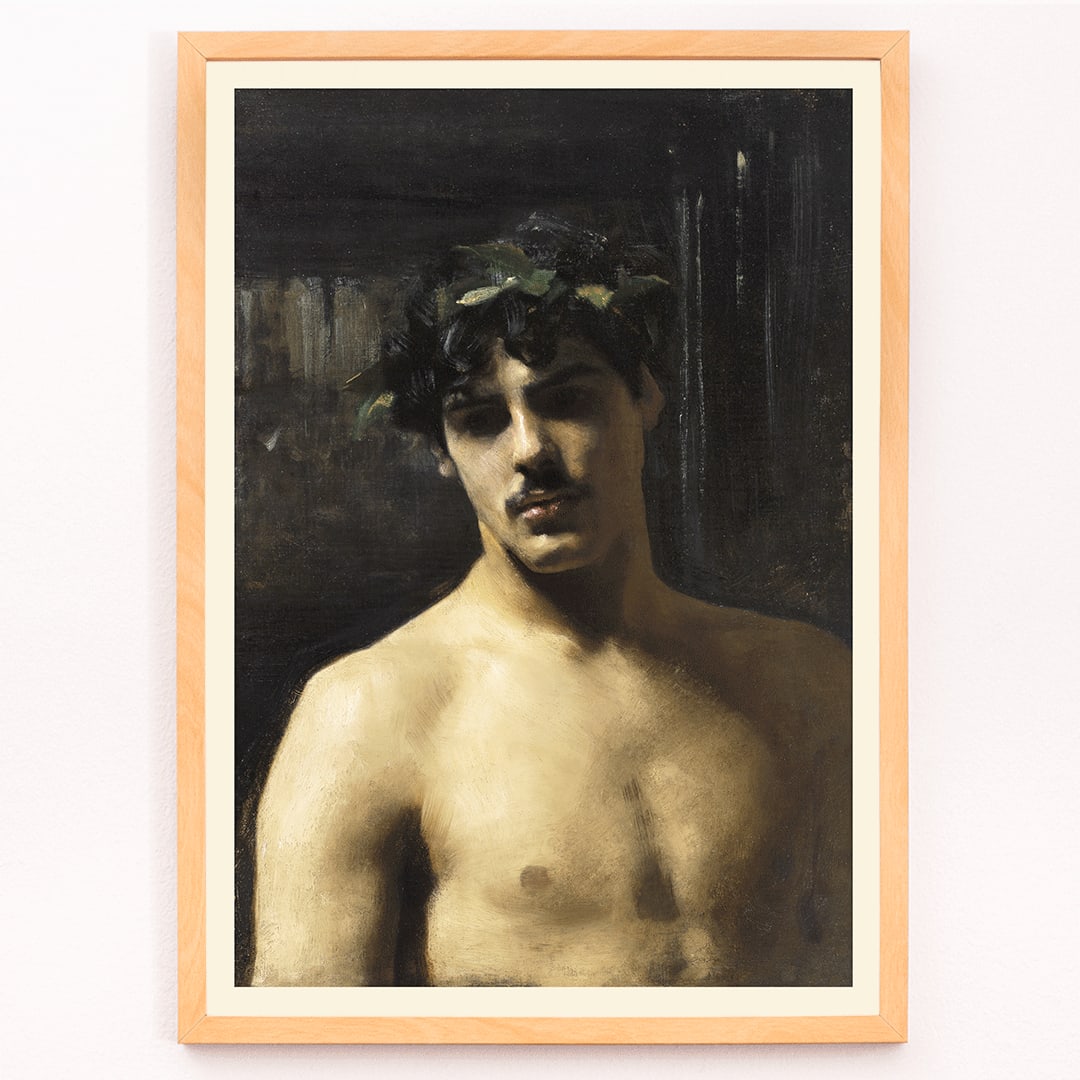 Man Wearing Laurels painting by John Singer Sargent poster featuring a shirtless man with a laurel wreath on his head, framed and displayed in modern living room decor