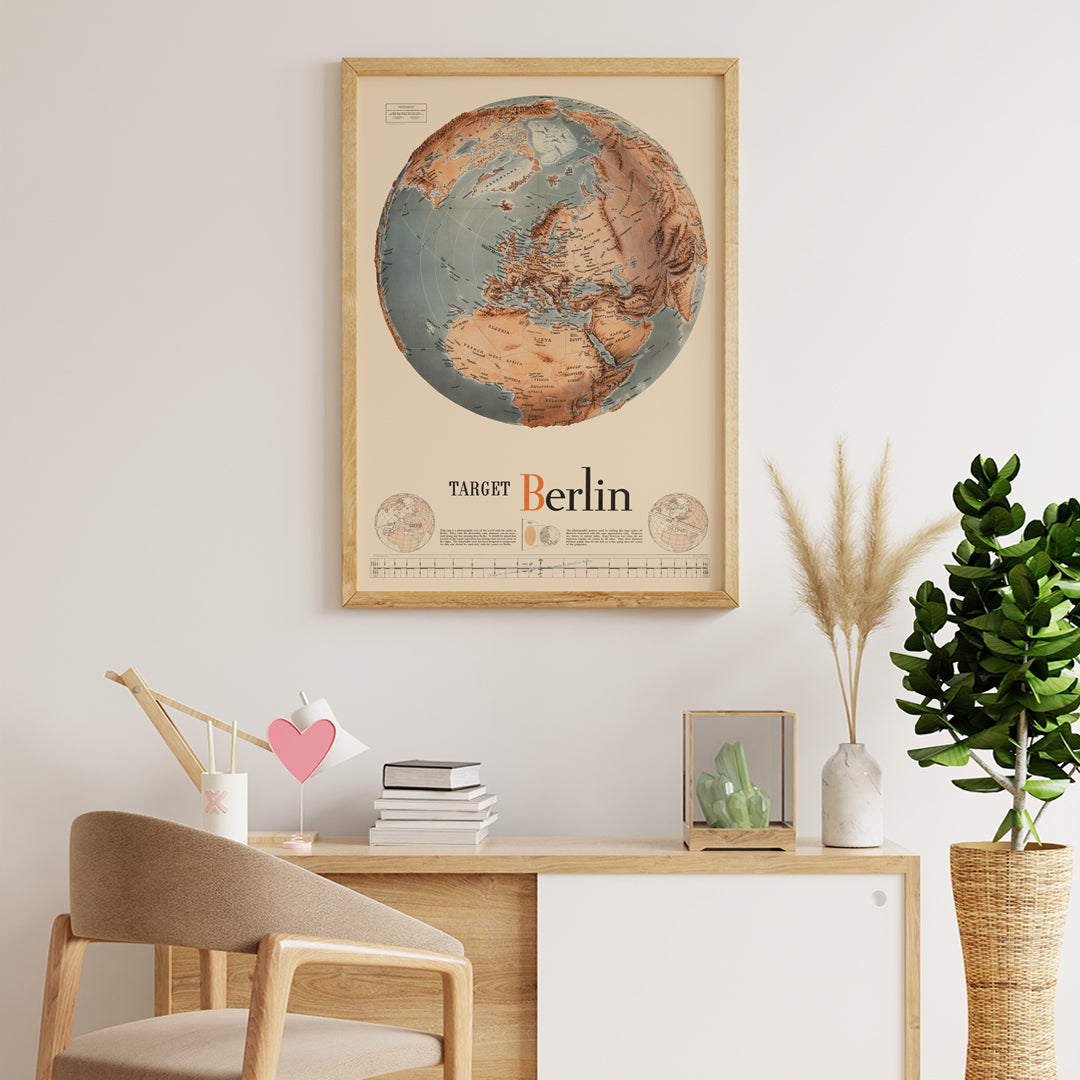Vintage map illustration and poster of a globe centered on Europe and Africa with Target Berlin artwork Army Orientation Course by Manning FE, framed and displayed in home decor