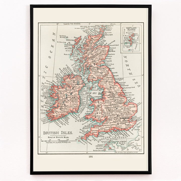 Closeup detail of Vintage cartographic map of the British Isles from Universal Atlas of the World as detailed artwork poster