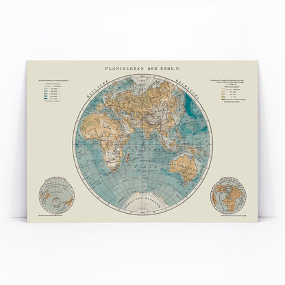 Detailed vintage world map illustration and poster titled Planiglobes of the Earth II by The Institute of Liepzig featuring colored geographical features, framed and displayed in modern living room decor