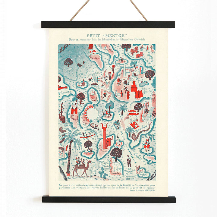 Colorful illustrated map poster Petit Mentor Carte de l exposition coloniale by Lucien Boucher featuring various regions and activities, with wooden magnetic frame on white background