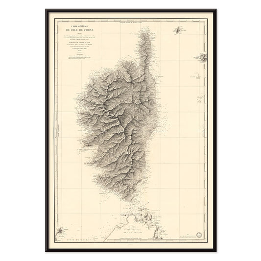 Antique map poster of Corsica Carte Generale De LIle De Corse by Depot General de la Marine detailed geographical wall art, with black aluminium frame on white background