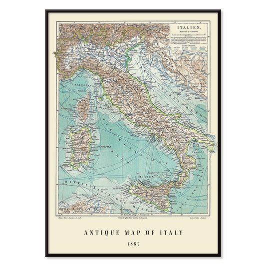 Colorful historical map of Italy by Institute of Liepzig German antique artwork with detailed geographical features, with black aluminium frame on white background