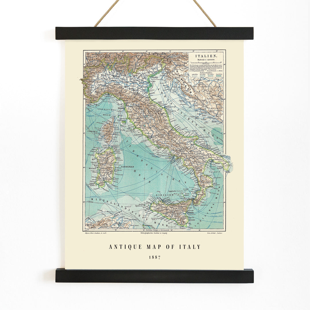 Colorful historical map of Italy by Institute of Liepzig German antique artwork with detailed geographical features, with wooden magnetic frame on white background