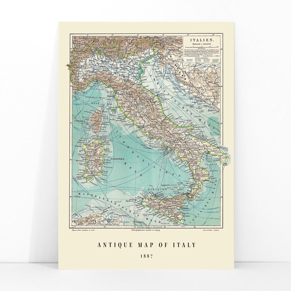 Colorful historical map of Italy by Institute of Liepzig German antique artwork with detailed geographical features, framed and displayed in modern living room decor