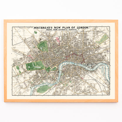 Closeup detail of Vintage map of London by J Whitbread titled Whitbreads new plan of London showing streets and parks